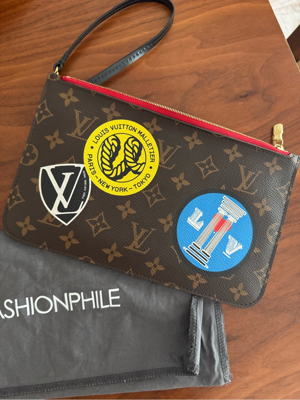 Louis Vuitton World Tour Neverfull Pouch with Colorful Patch Accents